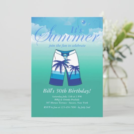 夏の衣服男らし誕生日パーティーへの招待 招待状 (スタンド正面)