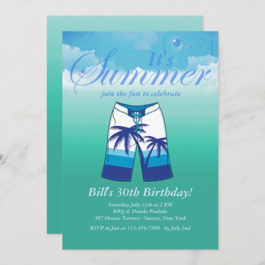 夏の衣服男らし誕生日パーティーへの招待 招待状 (正面/裏面)