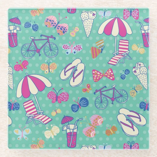 夏の要素を持つ美しい柄 ガラスコースター (正面)