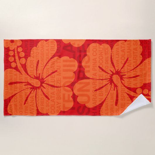 夏の言葉カクテルとハイビスカス – 赤 ビーチタオル (正面)