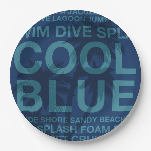 夏の言葉プールサイドとパームツリー ペーパープレート (正面)