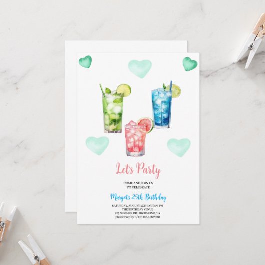 夏の誕生日のトロピカルカクテルパーティー 招待状 (正面/裏面インサイチュ)