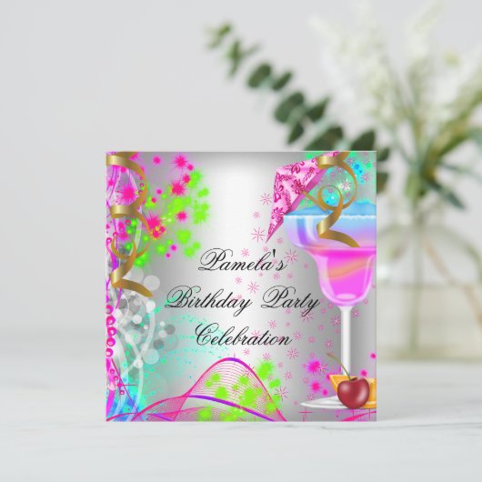 夏の誕生日パーティーカクテルカラフルカクテル 招待状 (スタンド正面)