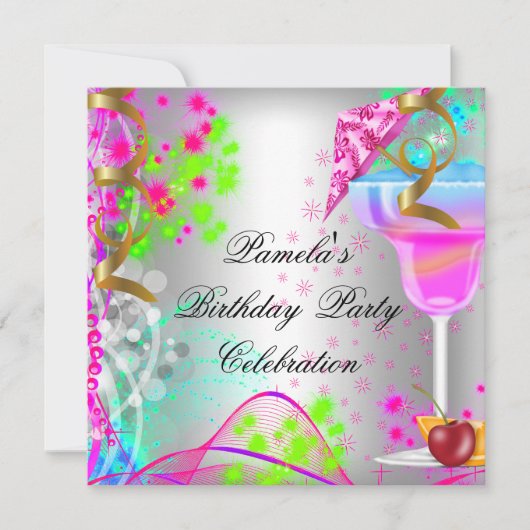 夏の誕生日パーティーカクテルカラフルカクテル 招待状 (正面)