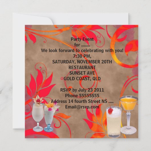 夏の誕生日パーティーカクテルトロピカル 招待状 (裏面)