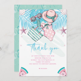 夏の誕生日パーティーキュートピンクターコイズ サンキューカード