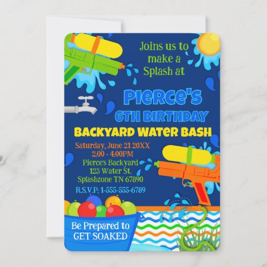 夏の誕生日パーティーバックヤードウォーターBashパーティー 招待状 (正面)