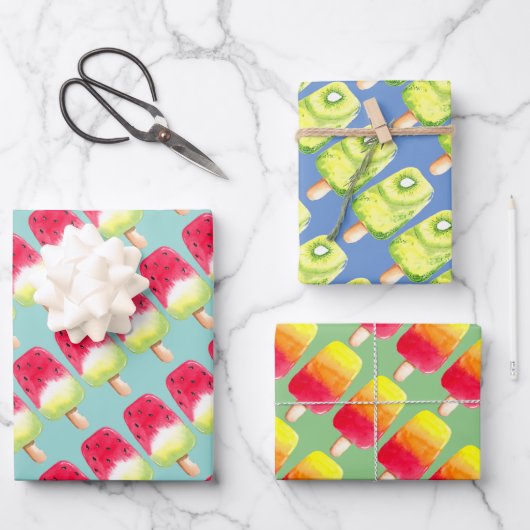夏の誕生日フルーツアイスポッポップ・アートのシクルスイカ ラッピングペーパーシート (正面)
