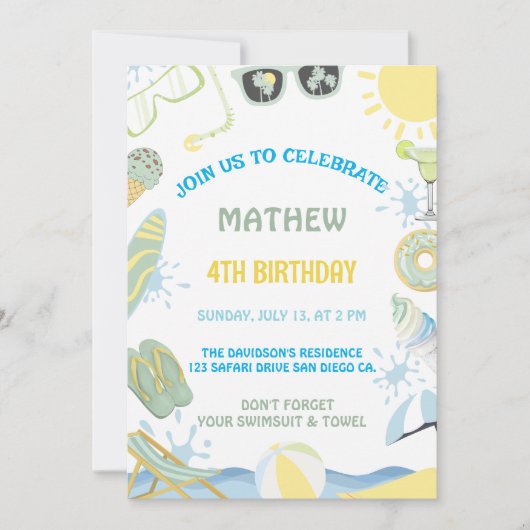 夏の誕生日プールまたはビーチパーティの招待状 招待状 (正面)