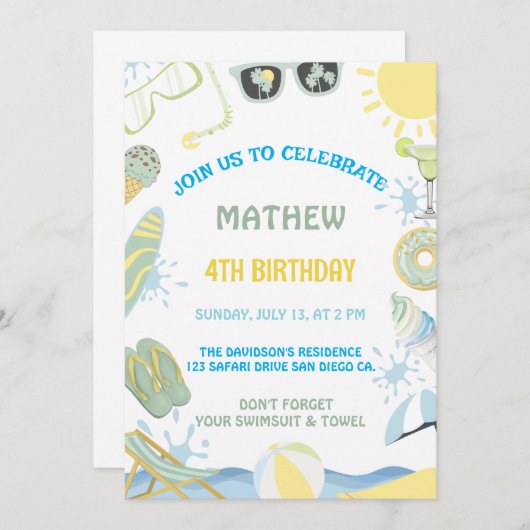 夏の誕生日プールまたはビーチパーティの招待状 招待状 (正面/裏面)
