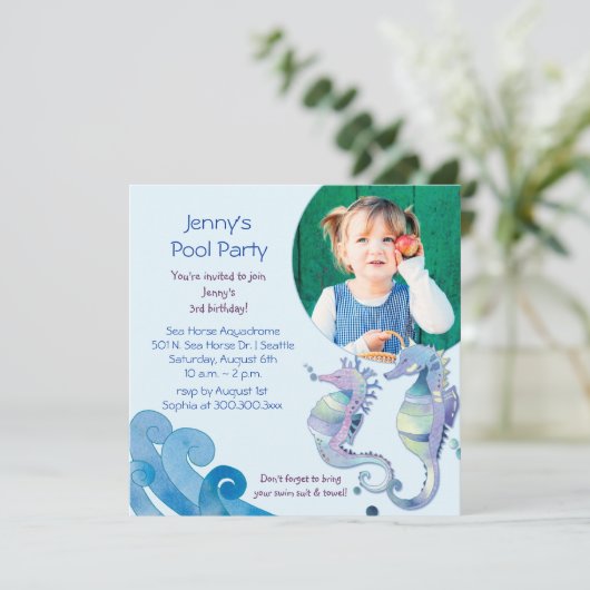 夏の誕生日プールパーティー写真 招待状 (スタンド正面)