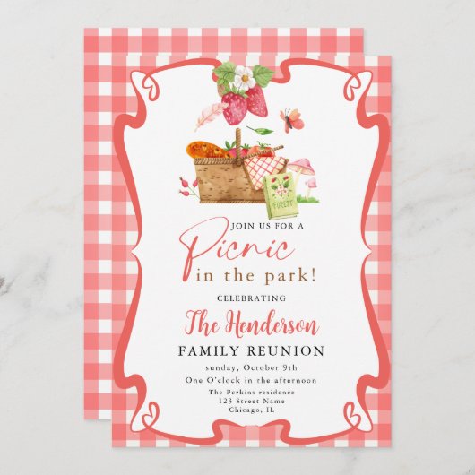 夏の赤いおもしろいピクニックでパークファミリー懇親会 招待状 (正面/裏面)
