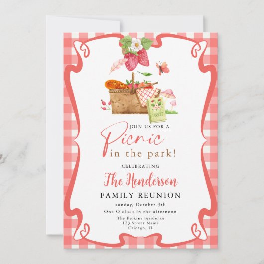 夏の赤い楽しいピクニック公園での家族の再会 招待状 (正面)