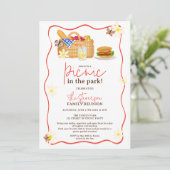 夏の赤い楽しいピクニック公園家族の集まり 招待状 (スタンド正面)