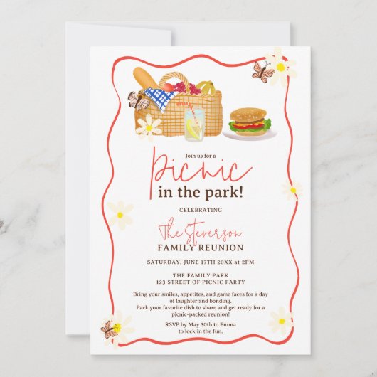 夏の赤い楽しいピクニック in the park 家族の集まり 招待状 (正面)