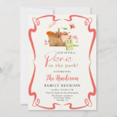 夏の赤い楽しい公園でのピクニック家族の集まり 招待状 (正面)