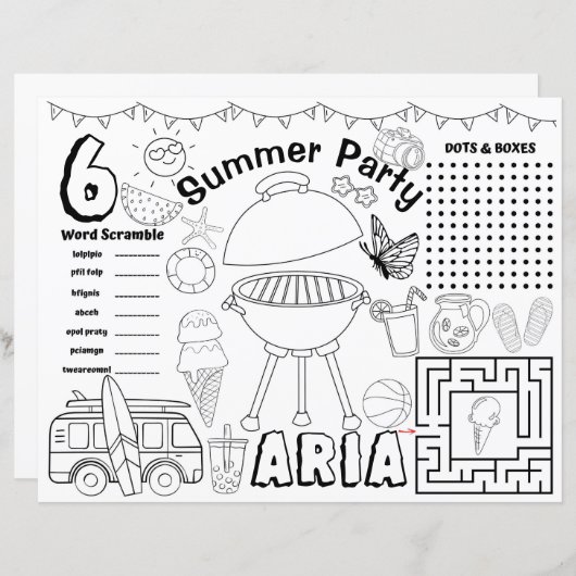 夏の赤ちゃんシャワーランチョンマット、夏のアクティビティシート (正面/裏面)