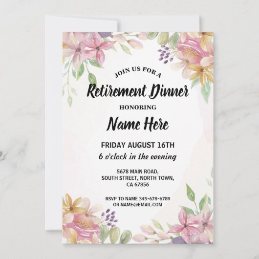 夏の退職パーティー水彩花ピンク 招待状 (正面)