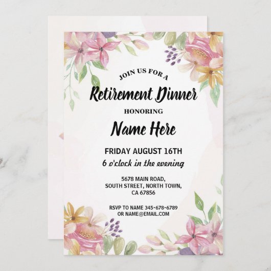 夏の退職パーティー水彩花ピンク 招待状 (正面/裏面)