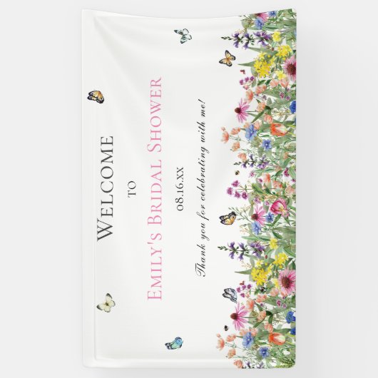 夏の野生の花と蝶のブライズシャワーパーティー 横断幕 (縦)