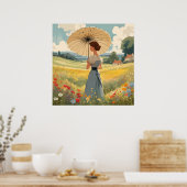 夏の野花の畑に立つプリント ポスター (キッチン)