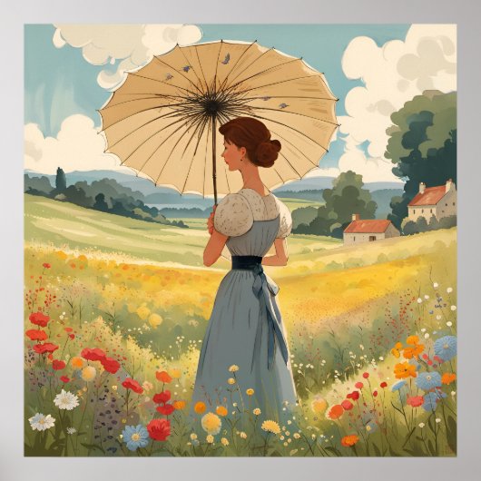 夏の野花の畑に立つプリント ポスター (正面)