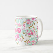 夏の金ゴールドピンクティール(緑がかった色)水彩フラワーパターン コーヒーマグカップ (正面右)