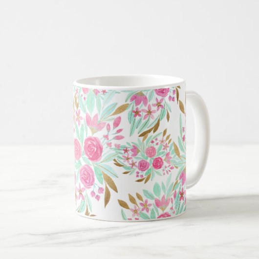 夏の金ゴールドピンクティール(緑がかった色)水彩フラワーパターン コーヒーマグカップ (正面右)