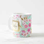 夏の金ゴールドピンクティール(緑がかった色)水彩フラワーパターン コーヒーマグカップ (正面左)