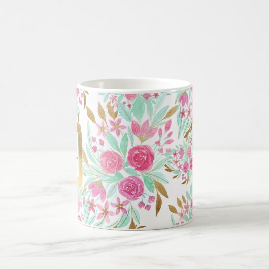 夏の金ゴールドピンクティール（緑がかった色）水彩フラワーパターン コーヒーマグカップ (中央)