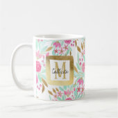 夏の金ゴールドピンクティール（緑がかった色）水彩フラワーパターン コーヒーマグカップ (左)