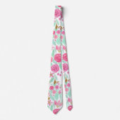 夏の金ゴールドピンクティール（緑がかった色）水彩フラワーパターン ネクタイ (正面)