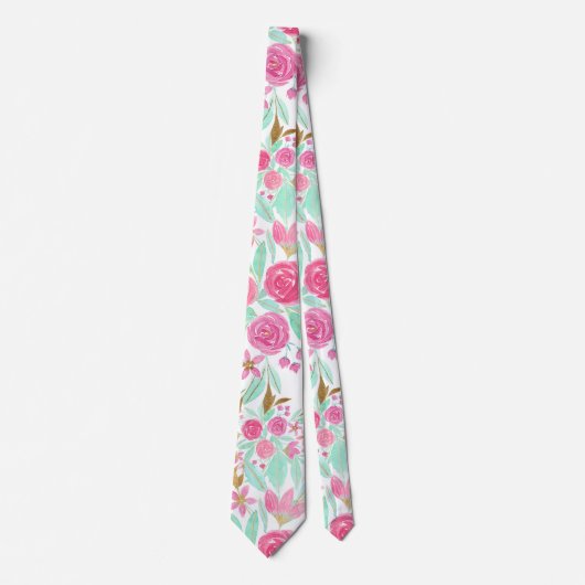 夏の金ゴールドピンクティール（緑がかった色）水彩フラワーパターン ネクタイ (正面)