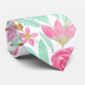 夏の金ゴールドピンクティール（緑がかった色）水彩フラワーパターン ネクタイ (ロール)
