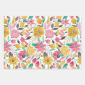 夏の金ゴールドピンクティール(緑がかった色)水彩フラワーパターン ラッピングペーパーシート (正面2)