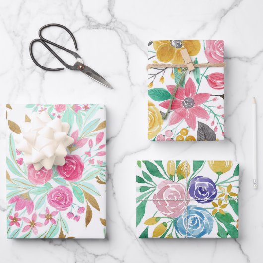 夏の金ゴールドピンクティール(緑がかった色)水彩フラワーパターン ラッピングペーパーシート (正面)