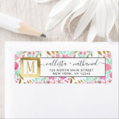 夏の金ゴールドピンクティール(緑がかった色)水彩フラワーパターン ラベル (インサイチュ)