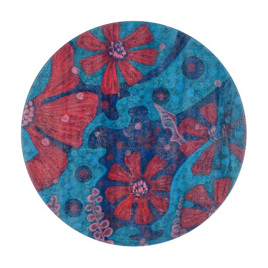 夏の雨のファンタジー花ブルーピンクフローラアート カッティングボード (正面)