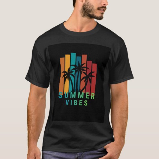 夏の雰囲気デザインの黒いTシャツ Tシャツ (正面)