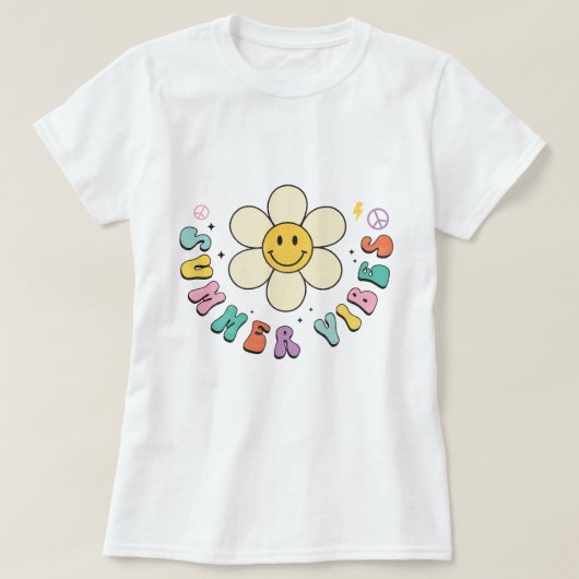 夏の雰囲気、笑顔のデイジーレトロヴィンテージBoho Tシャツ (デザイン正面)