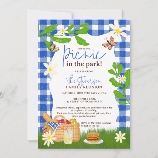 夏の青いおもしろいピクニックザパークファミリー懇親会 招待状 (正面)