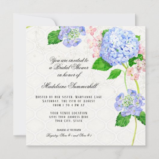 夏の青いアジサイの水彩画のブライダルシャワー 招待状 (正面)