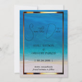 夏の青い海のビーチでの結婚式招待状 セーブザデート (正面)