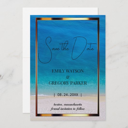 夏の青い海のビーチでの結婚式招待状 セーブザデート (正面/裏面)
