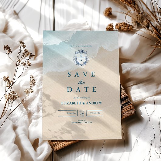 夏の青い海辺のウェディング セーブザデート