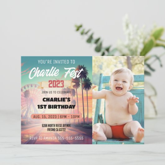 夏の音楽フェスティバル写真1st誕生日パーティー 招待状 (スタンド正面)