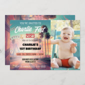 夏の音楽フェスティバル写真1st誕生日パーティー 招待状 (正面/裏面)