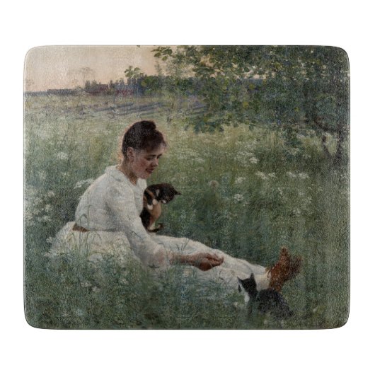 夏の風景猫と暮らす女の子（子猫） カッティングボード (正面)