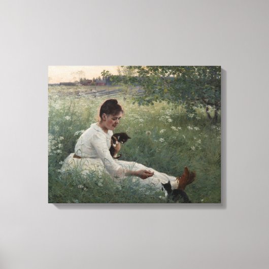 夏の風景猫と暮らす女の子（子猫） キャンバスプリント (正面)