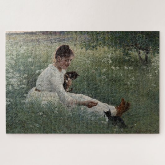 夏の風景猫と暮らす女の子（子猫） ジグソーパズル (横)